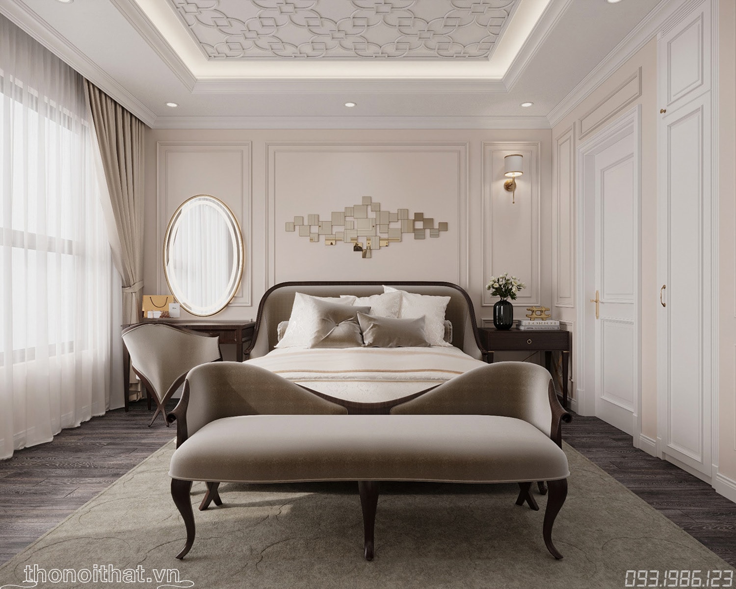 Giường chính là điểm nhấn của căn phòng được đặt giữa, hưởng trọn ánh sáng tự nhiên chiếu vào