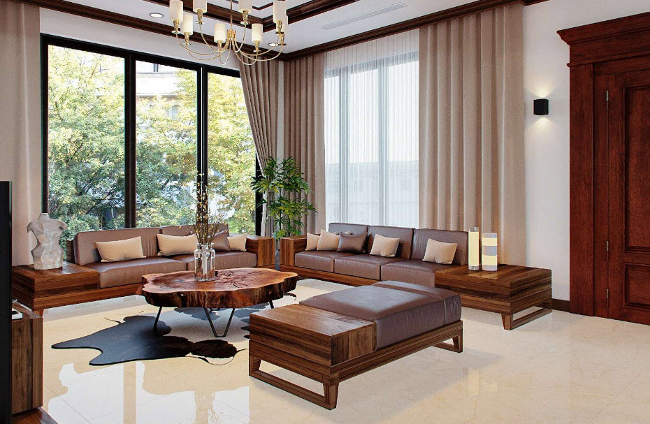 Không gian nội thất phòng khách làm bằng gỗ tự nhiên