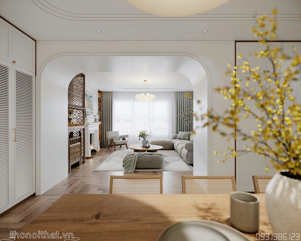 Từ phòng bếp được hưởng trọn sang không gian phòng khách thoải mái
