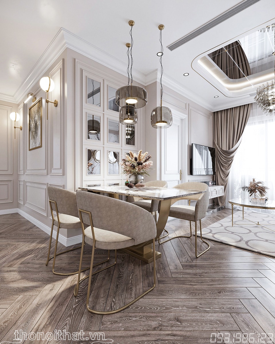 Chiếc bàn ăn được lựa chọn vẫn tone màu sáng có bộ đèn chùm làm điểm nhấn ấn tượng