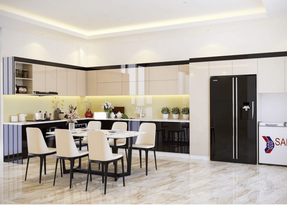 Mẫu không gian phòng bếp sang trọng với tone màu trắng
