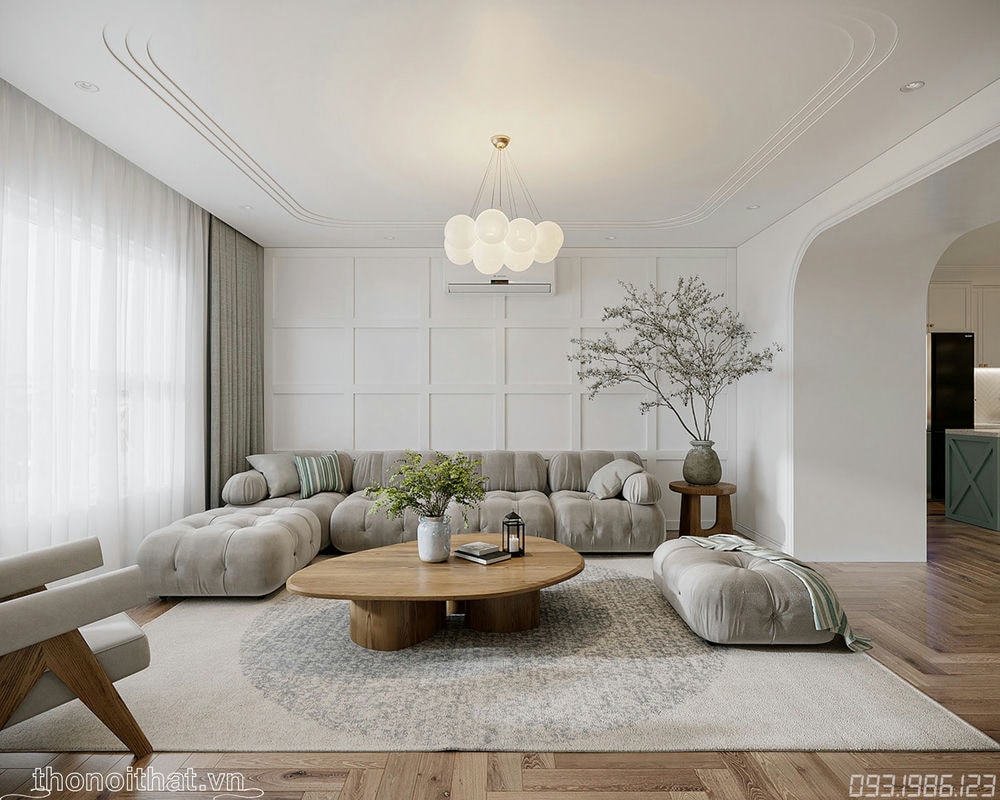 Bộ sofa hình chữ L được thiết kế bao trùm khu vực phòng khách