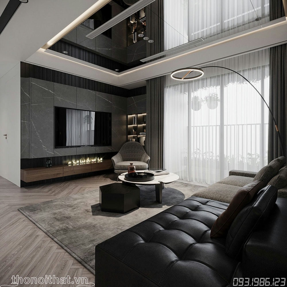 Từ một góc nhìn sofa bao quát trọn khu vực tivi khá bắt mắt với thiết kế đơn giản
