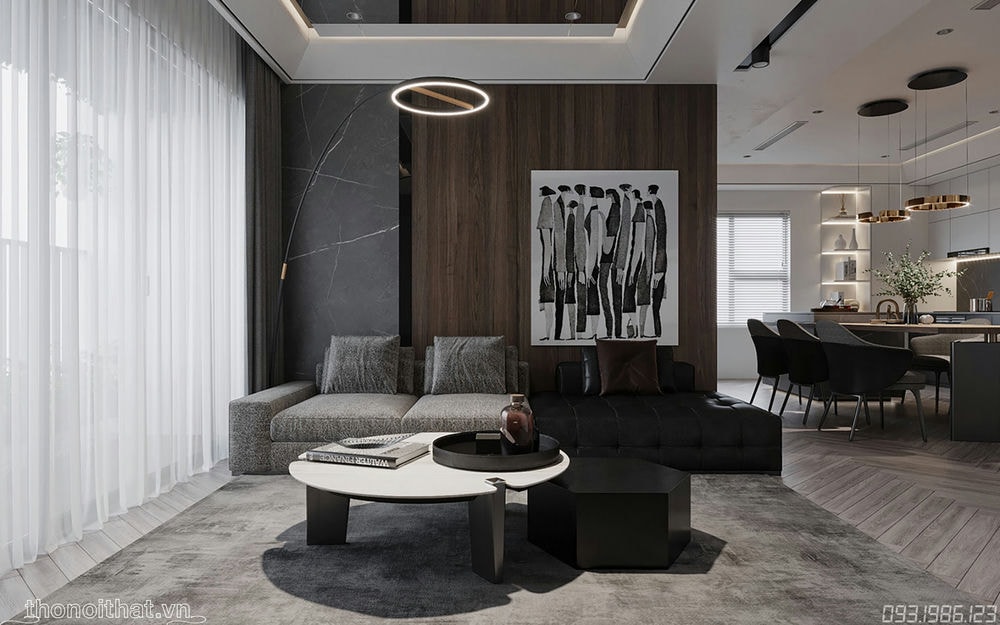 Sự kết hợp hài hòa giữa chiếc bàn cùng bộ sofa với tone phù hợp