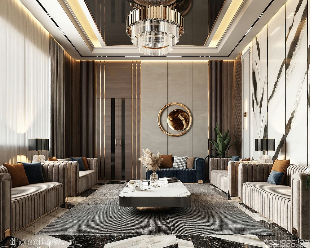 Phòng khách với sự trang hoàng nổi bật nhất về bộ sofa được bao quanh căn phòng