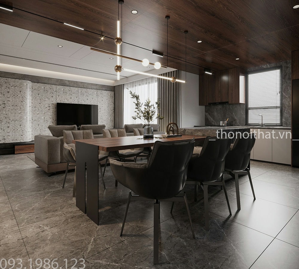 Ngay sau bộ sofa được bố trí là bàn ăn dành cho 6 người