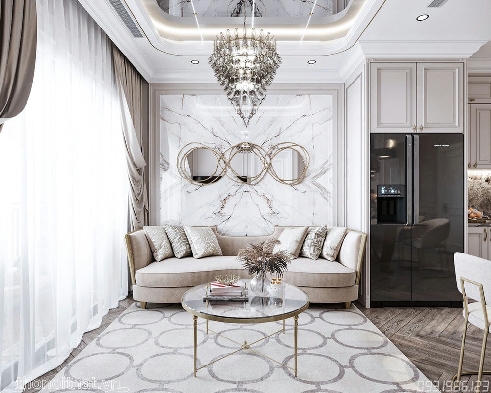 Chiếc ghế sofa được thiết kế vào một mé tường nhỏ nhắn, màu nâu sữa cùng sự phối hợp của thảm sàn và tưởng là những đường nét hoa văn gợi cảm