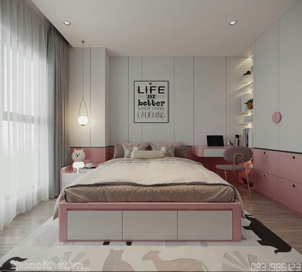 Chiếc giường hộp được sử dụng giữa phòng rất nữ tính