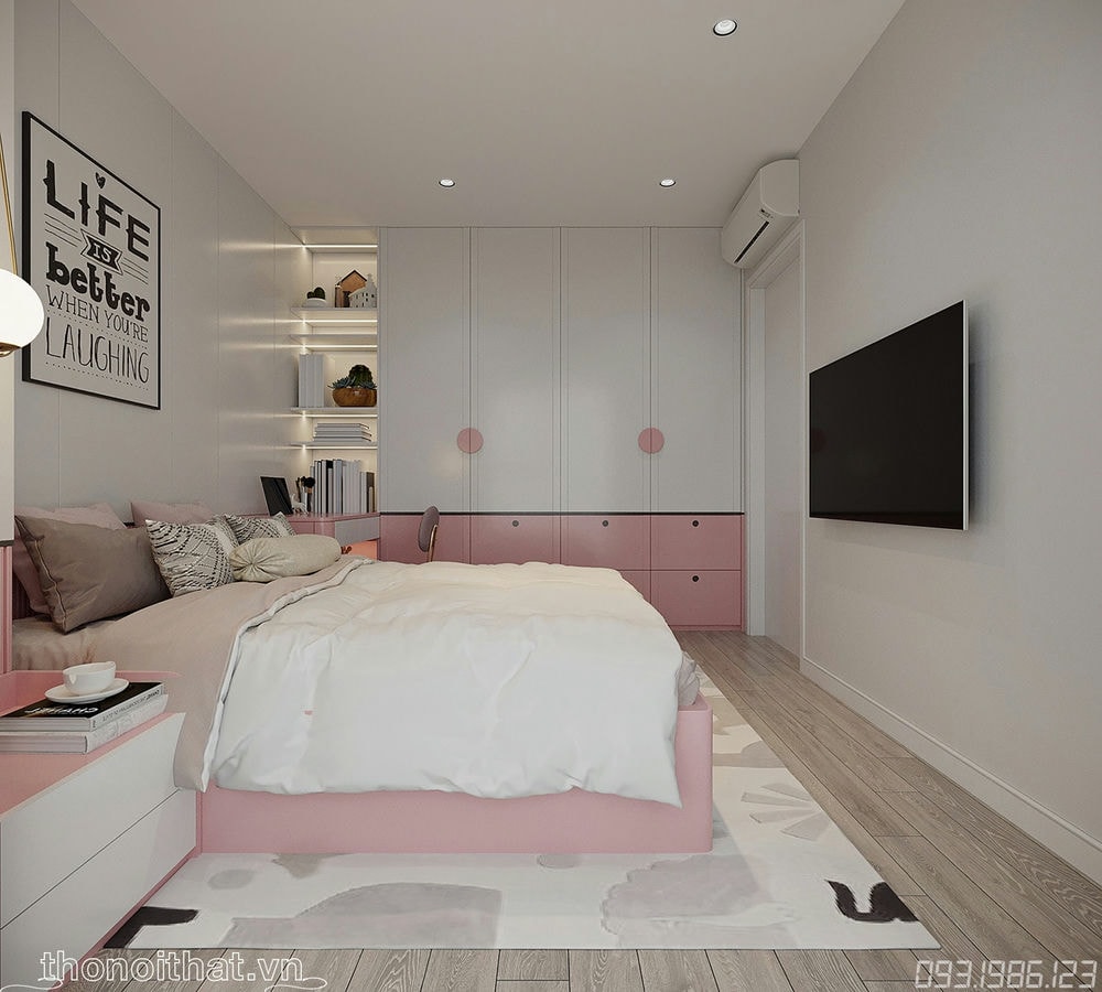 Kệ để sách và tủ đồ được trang trí trong một gocs nhỏ trong cùng rất gọn gàng