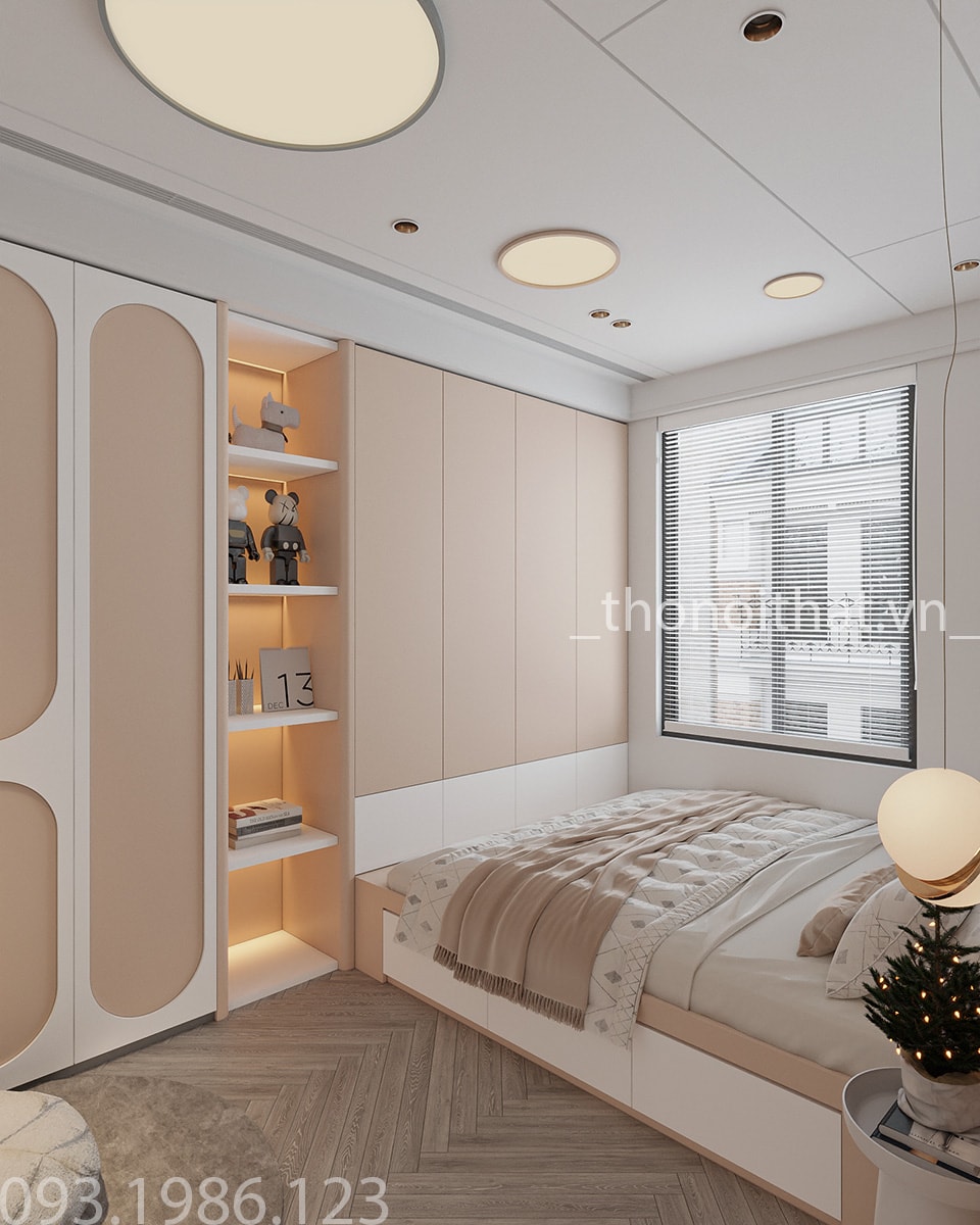 Tủ để đồ của bé cũng được bố trí rất khoa học và hoa văn với những khu vực trang trí nhẹ nhàng