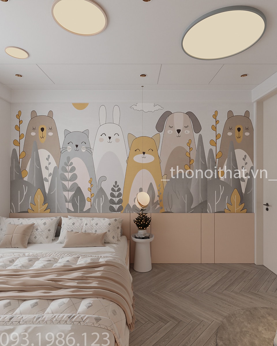 Trên đầu giường với bức tường trang trí tranh hình gấu dễ thương