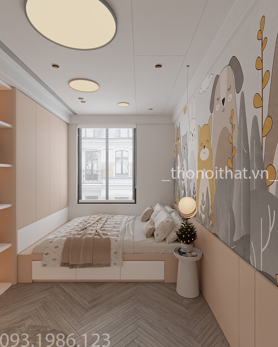 Phòng ngủ bé gái được thiết kế khá nhẹ nhàng bên cạnh cửa sổ nhỏ nhắn