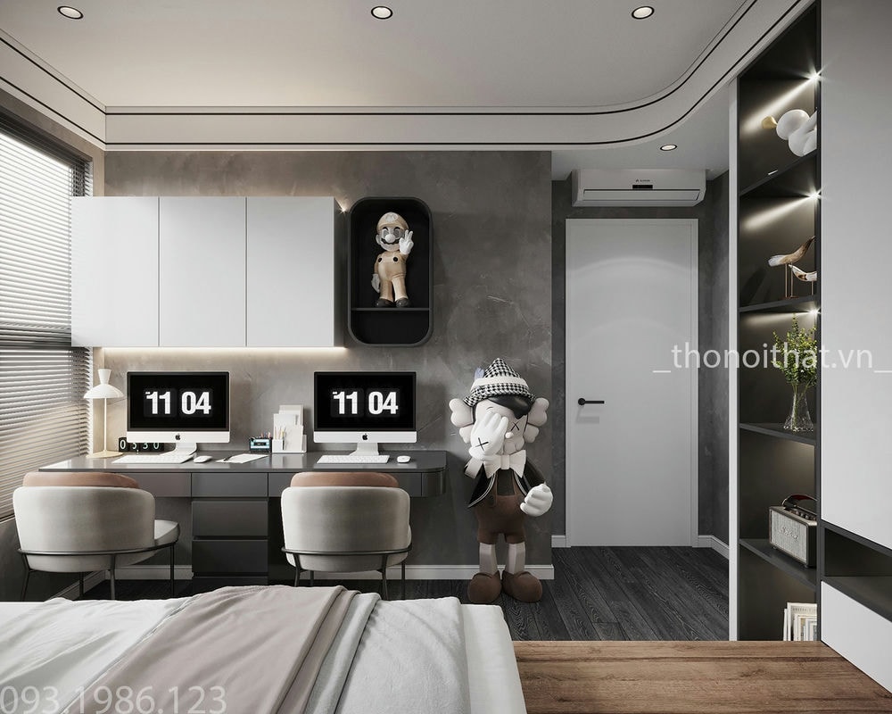Chiếc bàn học khá rộng rãi, đủ dành cho 2 người ngồi và được thiết kế thông minh, bắn trên tường