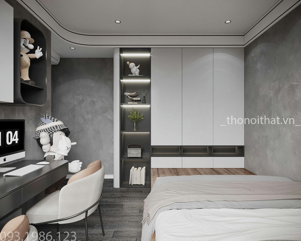 Cuối giường là tủ để đồ được thiết kế kịch trần, kết hợp kệ để đồ trang trí