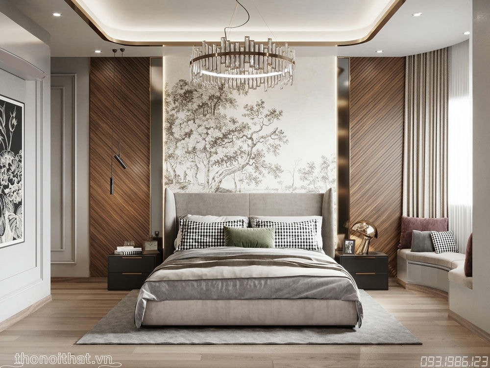Chiếc giường cho bé vẫn là ddiemr chủ đạo cùng đầu giường sử dụng bức tranh cây đa uyển chuyển