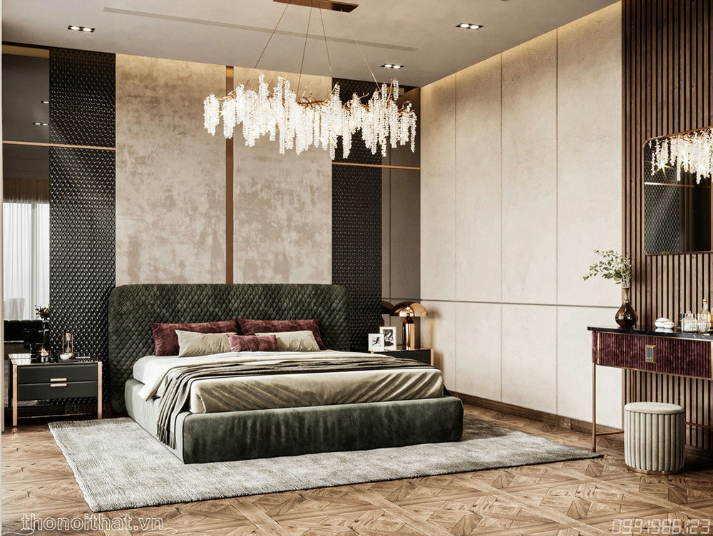 Trên là bộ đèn chùm hình bông lúa tạo ra điểm nhấn đặc biệt tại giường ngủ