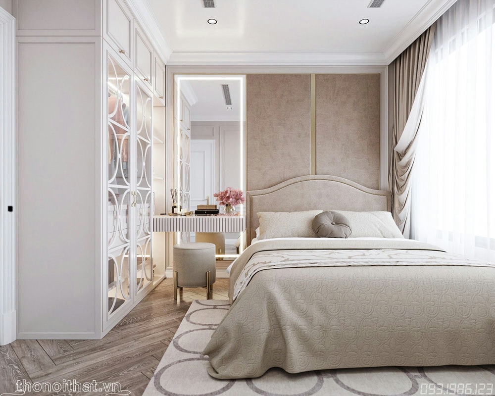 Bên cạnh chiếc giường vẫn là lối đi thoải mái dến bàn trang điểm và tủ để đồ thuận lợi