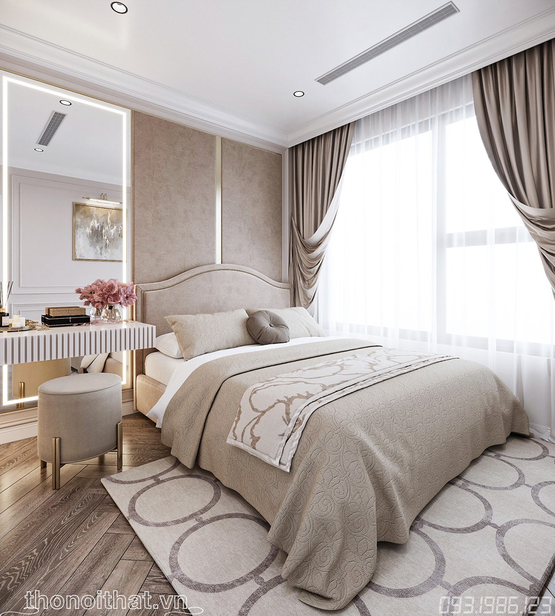 Với phòng ngủ master có diện tích rộng lớn hơn chút, được bày trí chiếc giường bên khung cửa sổ lớn, cùng bộ chăn ga gối đệm cao cấp