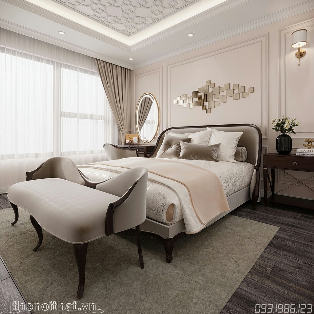 Giường và ghế sofa được đặt trên một chiếc thảm nâu kem sang trọng