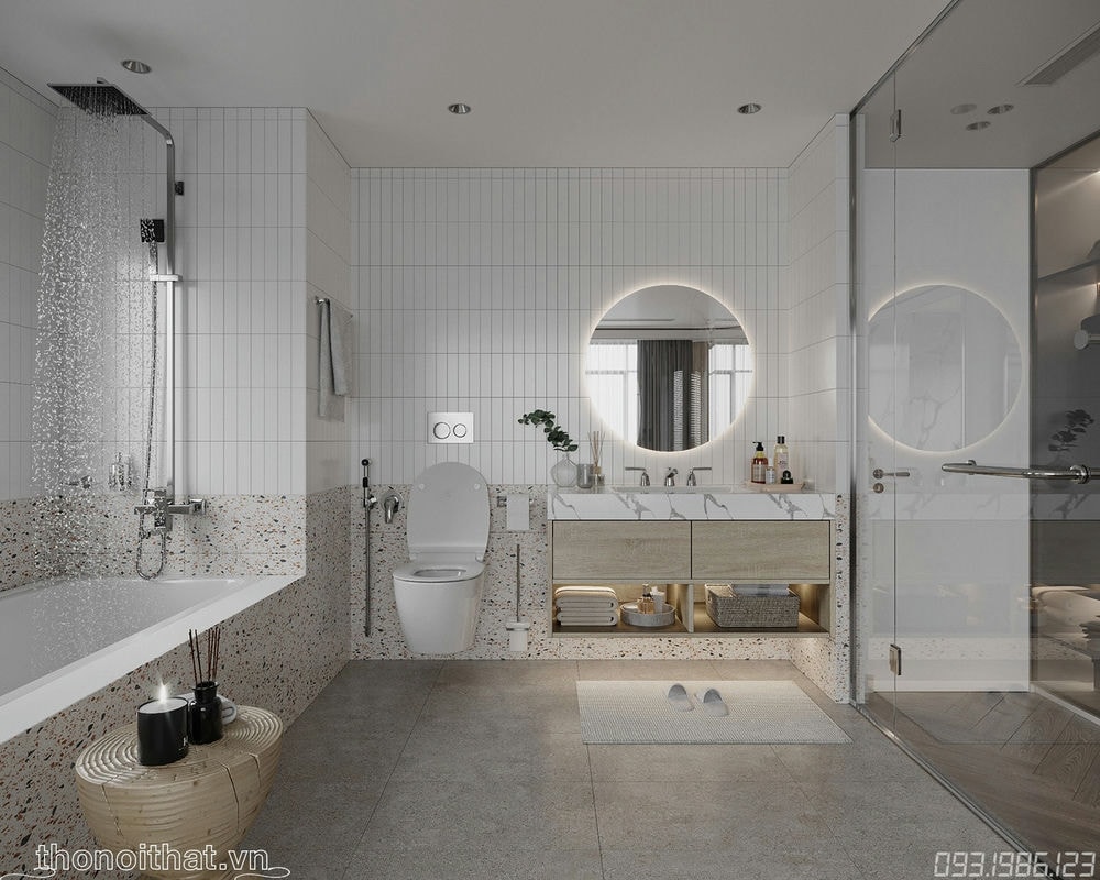 Toàn bộ nội thất trong phòng tắm được thiết kế khá ngăn lắp và gọn gàng
